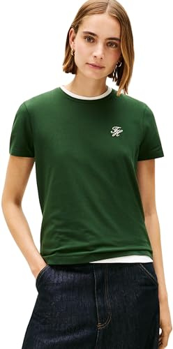 Tommy Hilfiger Damen T-Shirt Kurzarm Script Regular Fit, Grün (National Forest), L