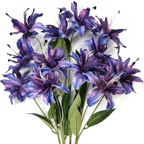 Artificial Lily Flowers, Fake Silk Flower Long Stem Artificial Stargazer Lilies with Full Bloom Faux Tiger Bouquets for Home Decor Wedding Party Hotel Floral Arrangement DIY Decoration – Purple 4 Pack
