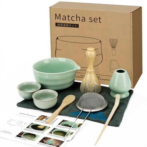 Zingbee Matcha Set 9-Teiliges Matcha Schale mit Ausgieße Matcha Besen Set inklusive Matcha Whisk*1 Matcha Besen Halter*1 Matcha Sieb*1 Matcha Löffel*2 Matcha Tasse*2 matcha set grün