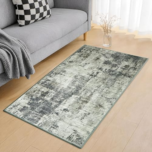 Aspire Homeware Washable Bedside Area Rugs for Bedroom Small Abstract Grey Rug 60x110 cm Low Pile Non Slip Rugs Living Room, Soft Entryway Floor Carpet Vintage Design Mat for Kitchen Bathroom, Frost