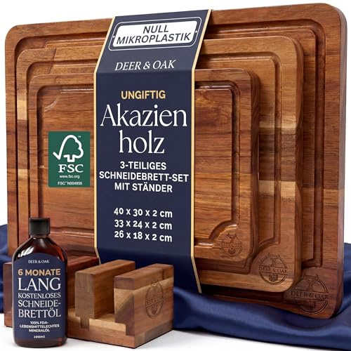 Deer & Oak Set 3 Taglieri in Acacia con Supporto e Olio 100 ml