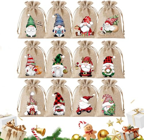 Dewireaey 12 Stück Geschenktüten Weihnachten - 15x10cm Wiederverwendbare Geschenktasche, Stoff Geschenkbeutel Mit Zugband, Weihnachtliches Cartoon-Muster Für Zum Verpacken Von Süßigkeiten, Snacks