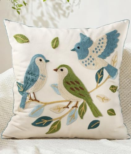 Kokaaee Embroidered Throw Pillow Cover 18x18 Inch - Summer Farmhouse Decorative Pillow Covers with Zipper for Couch Sofa Bedroom Living Room Spring Boho Cushion Pillowcase, Birds Leaves