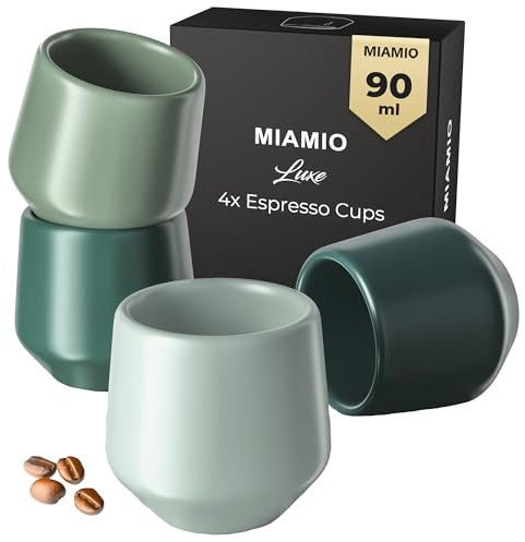 MIAMIO - Espressotassen/Mokkatassen, Keramik (4×90ml) - Luxe (Evergreen) | Keramik Espressotassen Set ohne Henkel, dickwandige Mokkatassen für Espresso und Mokka, 4er-Set - spülmaschinenfest