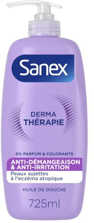 Sanex, Derma Thérapie, Huile de Douche Anti-Démangeaisons, Pompe 725 ml | Gel Douche corps pour peaux sujettes à l’eczéma atopique, Réduit les irritations en 3 jours, Hypoallergénique, Sans parfum