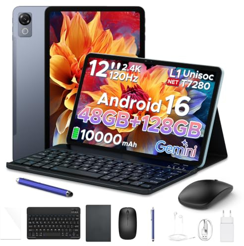 P12 Tablet Android 16, Tablet 12 pulgadas, 48GB RAM+128GB ROM/2 TB TF, IPS 2,4K, Pantalla 120 Hz, 10000mAh/18W, T7280 Octa-core, 8MP+13MP, WiFi 5G, Gemini AI, Face ID, GPS, Tableta con Teclado, Gris