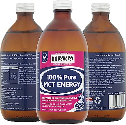 Tiana Fairtrade Organic Pure MCT Oil Energy, Weight Loss. Unflavoured, 500ml Glass Bottle