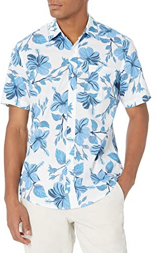 Amazon Essentials Men's Slim-Fit Short-Sleeved Button-Down Printed Shirt, Blue Floral Print, L