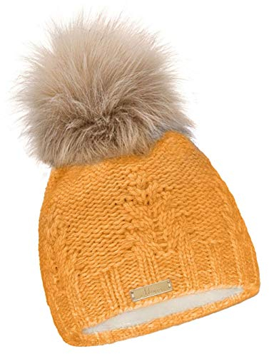 Mikos * Damen Wintermütze Innenfleece | Warme Winter Mütze Strickmütze mit Bommel | Gestrickte Weiche Bommelmütze | Einheitsgröße (688) (Curry)