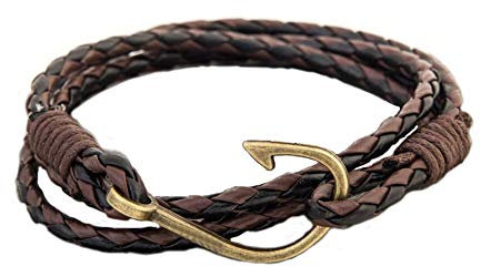 JOYID Fish Hook Leather Wrap Braided Bracelet Multi-layer Handwork Punk style Fish Clasp Bracelet for Men, 9, Metal