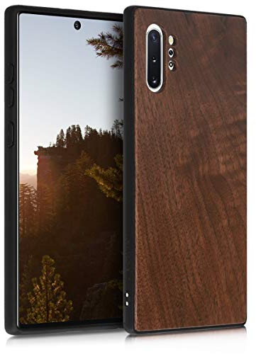 kwmobile Custodia Compatibile con Samsung Galaxy Note 10 Plus Cover - Protezione in Legno per Smartphone - Back Case con Bumper in Silicone TPU - Marrone Scuro