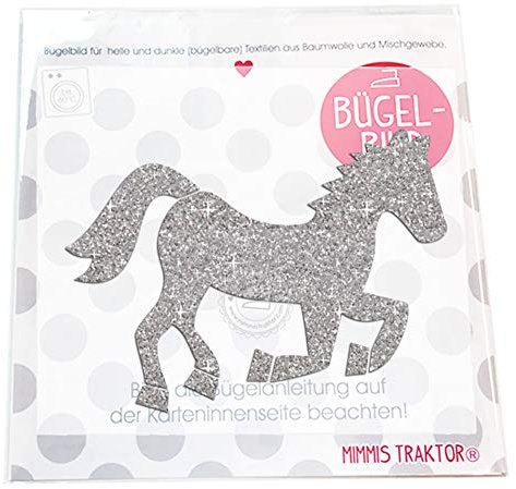 GLITZER Bügelbild Pferd 11,5 x 10,5 cm Aufbügler Applikationen Bügelsticker für Stoffe Textilien Kinder zum Aufbügeln Flicken, Farbe:Glitzer silber