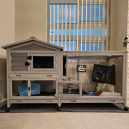 Bunny Cage Indoor and Outdoor Rabbit Hutch with Casters Waterproof Roof, Pull Out Tray from Back and Front 61.2 L x 22.6 W x 33.5 H