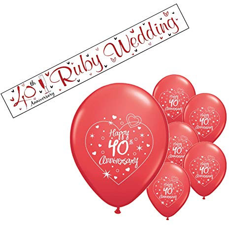 40th Ruby Anniversary Banner and Balloons Party Pack / 40th Ruby Wedding Anniversary Party Kit Decorations