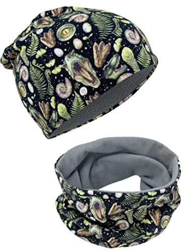 HECKBO T-Rex Kinder Beanie & Loop Schal - Winter, Fleece-Innenfutter, 2-6 Jahre, Baumwolle - Mütze mit Schal