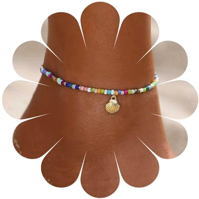 Cimenexe Böhmische Jakobsmuschel Baumeln Knöchel Armband Regenbogen Gold Perle Fußkettchen Kette Perlen Kette Fußkettchen Einstellbar Kauri Fußkettchen Sommer Strand