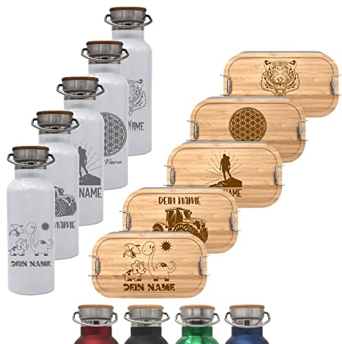 Brotdose und Trinkflasche mit Namen personalisiert im Set, Lunchbox M aus Metall und Isolierflasche aus Edelstahl personalisiert in weiss, 20221972