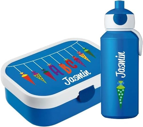 4youDesign Mepal Bento Box & Trinkflasche Set personalisiert Schultüte kursiv blau – Geschenk für Kinder Weihnachten, Nikolaus, Geburtstag - Auslaufsicher – Brotdose 750ml, 400ml Flasche