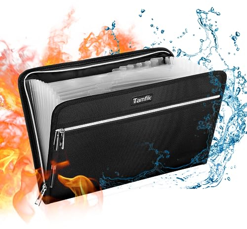 Tamfile Dokumentenmappe A4, 13 Fächern Fächermappe Ordner Organizer Feuerfeste Wasserfest, Aktenordner Sortiermappe mit Reißverschluss, Erweiterbar Ordnungsmappe Mappe für Büro, Hause und Schule