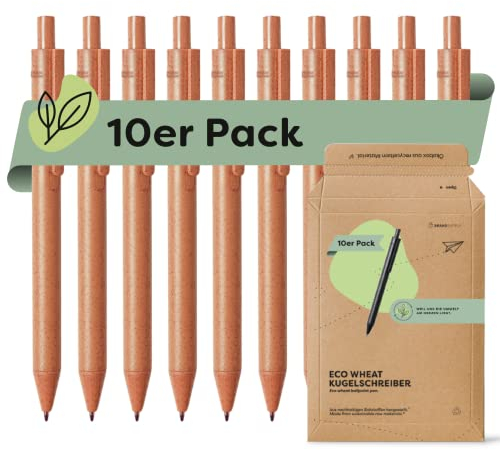 brandsupply® ECO WHEAT 10er SET – nachhaltiger Kugelschreiber aus Weizenstroh – hochwertige Kullis für weiches Schreiben - mit auswechselbarer Mine in blau (Farbe Orange)