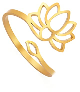 Lotus Blumen Ringe für Frauen Mädchen Floral Ring Band verstellbar Edelstahl Lotos Offener Ring Schmuck Geschenke für Geburtstag Jahrestag Neujahr Weihnachten (Stil 1-Gold)
