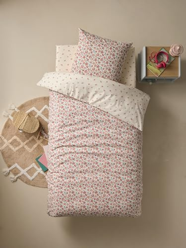 Vertbaudet Kinder Bettwäsche-Set Hippie BLUMENMÄDCHEN beige/Mehrfarbig 220X240 63X63