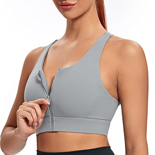 Lemedy Sport-BH mit Reißverschluss vorne für Damen, Yoga, Workout, bauchfreies Tanktop, Crossback - Grau, Medium