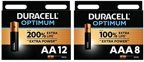 Duracell Optimum AA Mignon Alkaline-Batterien, 1.5V LR6 MX1500, 12er-Pack [Amazon exklusiv] & Optimum AAA Micro Alkaline-Batterien, 1.5V LR03 MX2400, 8er-Pack