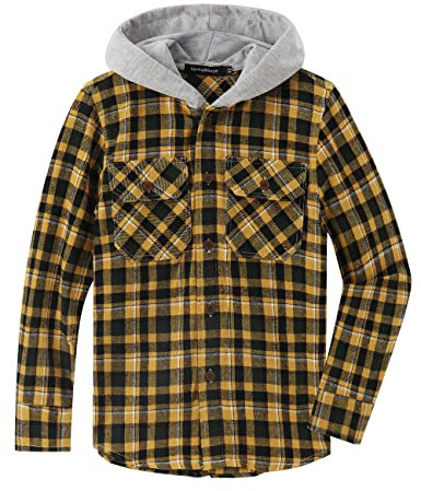 Spring&Gege Chemise à capuche à carreaux à manches longues pour garçon Chemise boutonnée en flanelle pour enfants, jaune, 7-8 ans