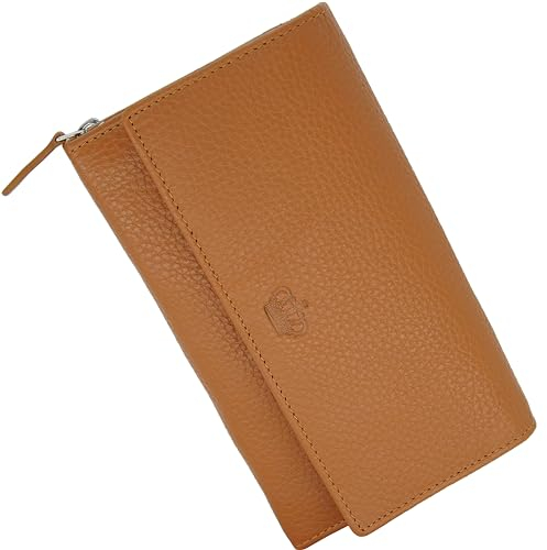 Baur Damen Geldbörse Echt Leder Geldtasche | Geldbeutel mit RFID Schutz |großes Portemonnaie viele Kartenfächer |Wallet mit Druckknopf |Portmonee |Damen-Geldbörsen |Damengeldbörsen (Cognac)