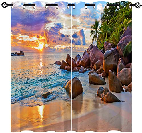 ANHOPE Sonnenuntergang Strand Ozean Verdunklungsvorhänge mit Ösen Blickdichte Gardinen Blackout Curtain Thermo Vorhänge Weich Schlafzimmer Wohnzimmer Vorhang 2er Set H 138 x B 117 cm