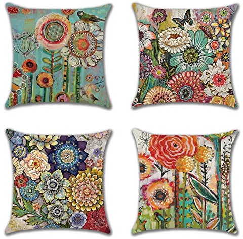 JOTOM Set mit 4 floralen Kissenbezügen, 45x45 cm, dekorativer quadratischer Sommer-Kissenbezug, Sofa, bunte Blumen, Kissenbezüge für Outdoor, Zuhause, Couch, Bauernhaus-Dekoration (bunte Blumen)