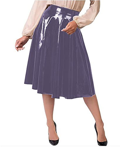 Donne Plus Size PVC Gonne A Vita Alta Lunghezza Al Ginocchio Gonna Pieghe Linea Lucida Ufficio Lady Stretch Gonna, Viola scuro, XXX-Large