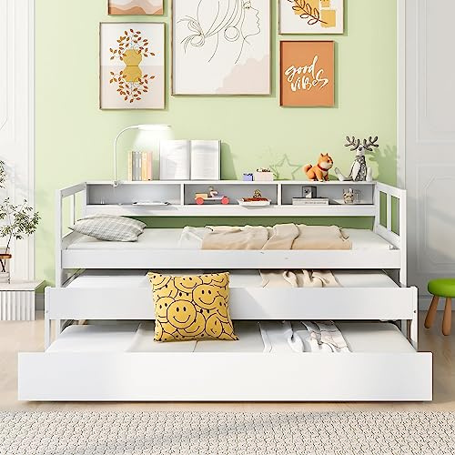 Rhomtree Twin XL Size Wood Platform Bed Frame with 2 Trundles, 3 Storage Cubbies, 1 Light for Free and USB Charging Design, No Box Spring Needed, Easy Assembly (White)