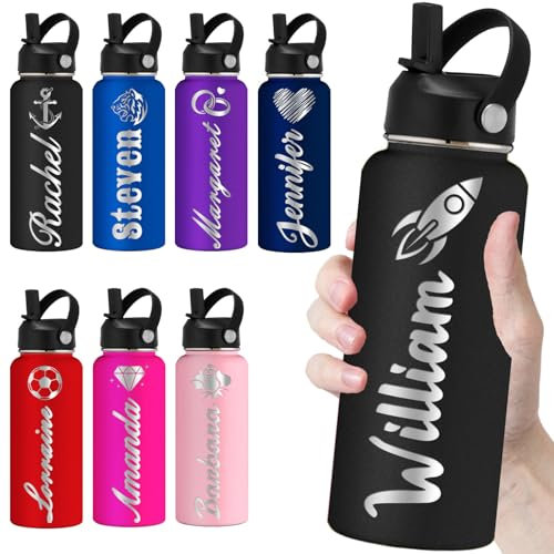 Personalized Water Bottles with Straw 32oz Custom Engraved Water Bottle for School Customized Name Double Wall Insulated-Black