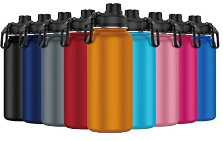 Mi Ko Mi Ka Botella de Agua de Acero Inoxidable - Botella Térmica Reutilizable Deportiva | Sin BPA | Mantiene Frio y Calor | Termo y Hermética - A Prueba de Fugas (1 Litro V2, Naranja)