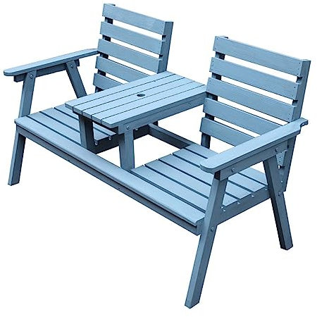 Gartenbank aus Holz mit Mitteltisch & Schirmloch – Natur geöltes Holz für den Außenbereich, Terrassenbank-Set, Latten-Design, 2 Stühle