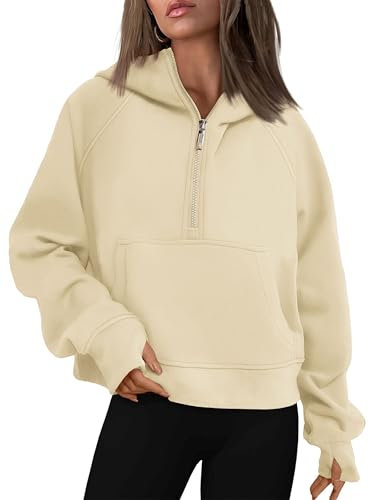 Timuspo Zip Hoodie Damen Gefütterte Sweatjacke Kapuzenjacke mit Fleecet-Innenfutter Basic Kapuzenpullover Winter Damen-Oberteile Beige S