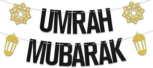 WFKLDF Umrah Mubarak Banner, Eid Party Dekorationen, Gold Schwarz, 7,6 x 12,7 cm