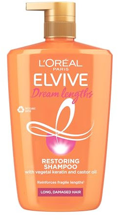 L’Oréal Paris Elvive Dream Lengths Shampoo XL for Long Damaged Hair, Nourishing & Strengthening to Prevent Hair Breakage, Enriched with Castor Oil, 1L