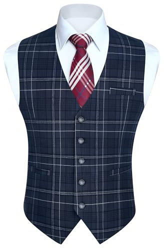 HISDERN Anzugweste Herren Blau Klassische Kariert Weste Plaid Westeherren für Hochzeit Business XL