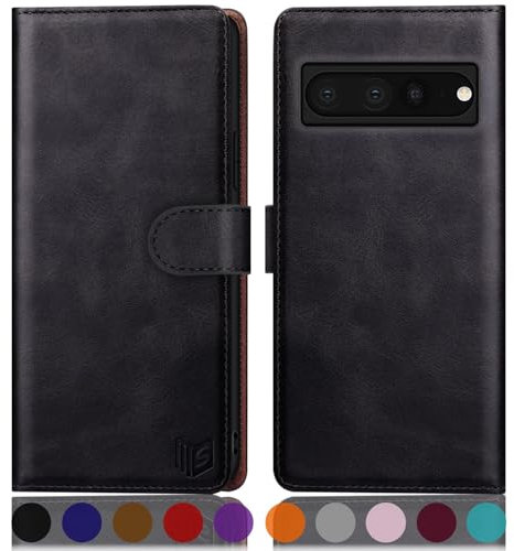 SUANPOT [RFID Schutz für Google Pixel 7 Pro Hülle PU Leder Handy hülle Leather Wallet Phone case für Pixel 7 Pro Handyhülle Lederhülle Klapphülle Kartenfach Flip Cover tiefschwarz