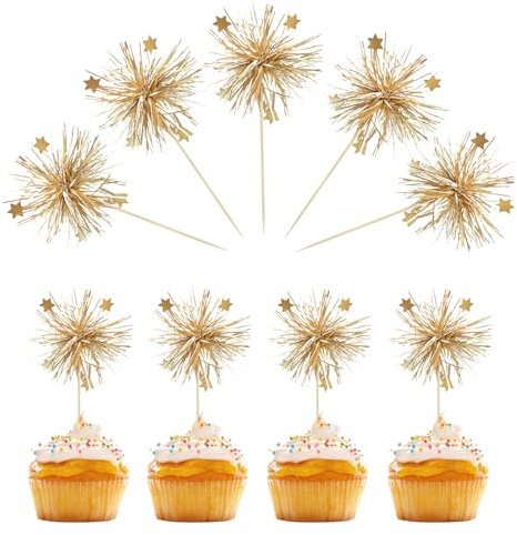 Mezrkuwr 20 Stück Gold-Folie-Feuerwerk-Cupcake-Topper Geburtstagskuchen Kuchen-Topper Funkeln Tinsel Blume Getränke-Rührstäbchen Cocktail-Essen-Obst-Zahnstocher für Party-Zubehör