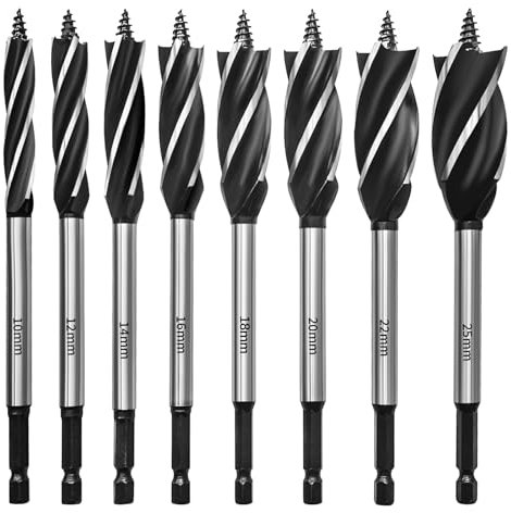 HPMAISON Wood Drill Bit, 8PCS Reaming Drill Wood Auger Drill Bit Set 10mm,12mm,14mm,16mm,18mm,20mm,22mm,25mm, High Carbon Steel Fast Cut Woodworking Drill Bit Set for Soft & Hard Wood, Plastic