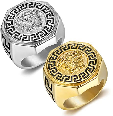 RobertDTesta Antike Griechische Mythologie Medusa Siegelring, Herren Damen Vintage Edelstahl Göttin Medusa Schlange Haarring,Silber,11