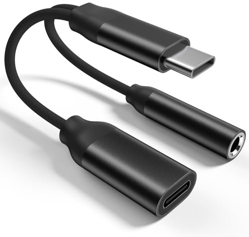 Adaptateur USB C Jack 3.5mm (Noir) avec Charge Rapide PD 60W et Audio Haute Résolution, 2 en 1 USB C Jack vers AUX, pour iPhone 15/Pro/Max/Samsung Galaxy S24/S23/S22/S21/Huawei P40/Pixel 7/6