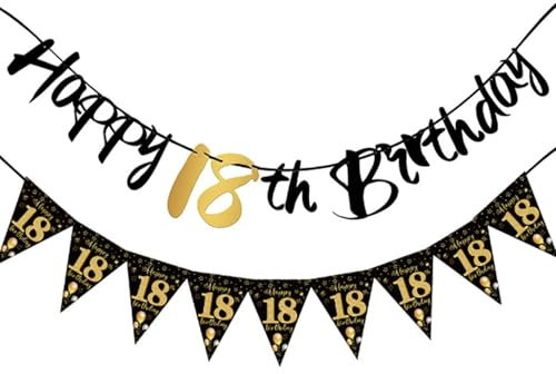 2 Stück Deko 18 Geburtstag Banner Mädchen Junge,Schwarz Gold Deko 18. Geburtstag,Happy 18th Birthday Geburtstagsbanner,Party Wimpelkette Dekorationen,für Junge Mädchen Geburtstagsdeko (18)