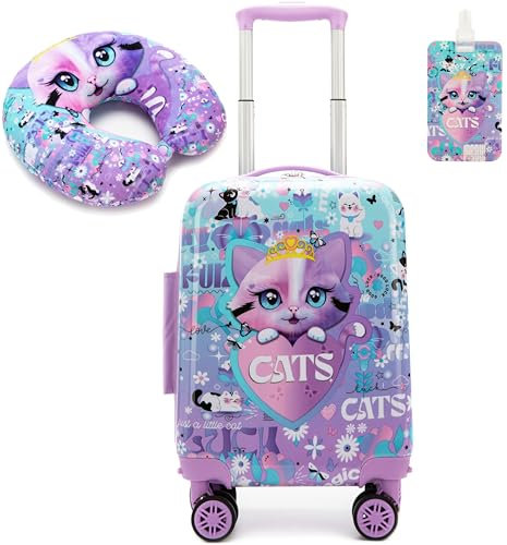 HTgroce 2tlg Kinderkoffer Set Mädchen, Kinder Handgepäckkoffer mit Nackenkissen & Kofferanhänger, Kinder Koffer Trolley Hartschalenkoffer für Mädchen