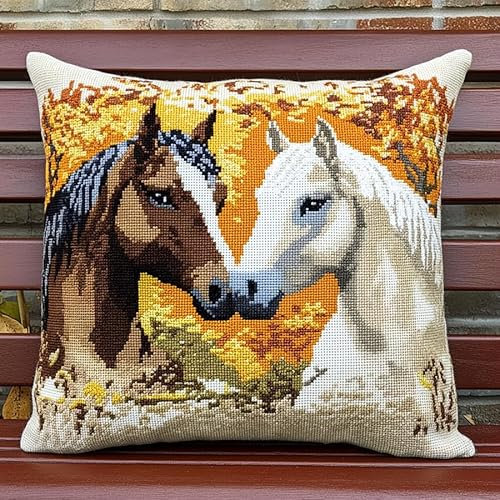 Wallphantom Herbstwald Kreuzstich Kissen Vorgedruckt,Tier Paar Pferd,11CT Stickset für Kreuzstichkissen,Stickset Anfänger,Handstickerei Kissenbezug Set,45x45cm