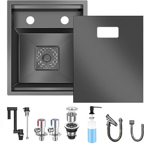 Fregadero de bar oculto de acero inoxidable con grifo plegable, fregadero oculto para cocina, caravana, pequeño bar o área de preparación (negro-B, 30 x 45 cm)
